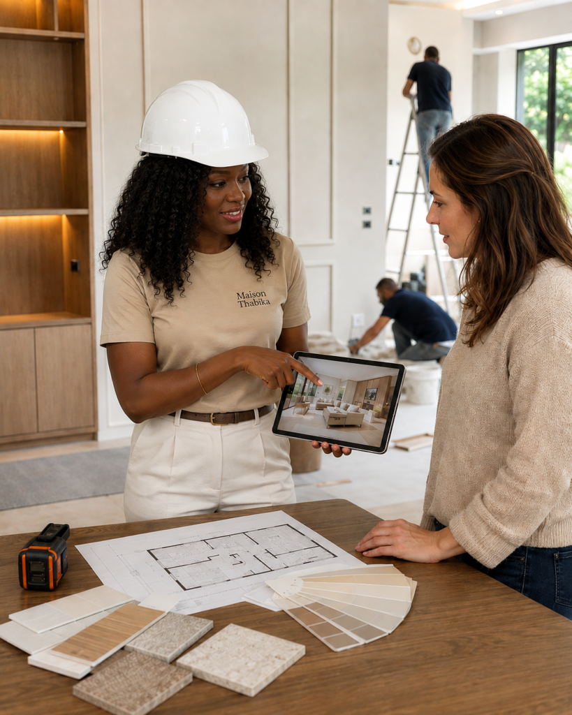 L'Art de Décorer Décoratrice d'intérieur Maison Thabika en rendez-vous diagnostic avec une cliente pour un projet d'aménagement intérieur.